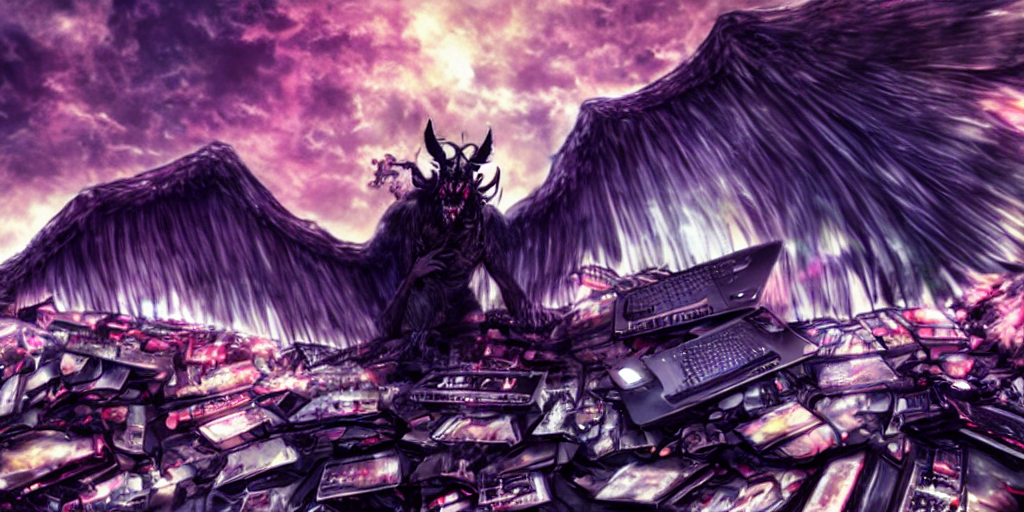 A winged demon clawing their way up from hell, pulling its way through a pile of computers, anime aesthetic, sharp focus